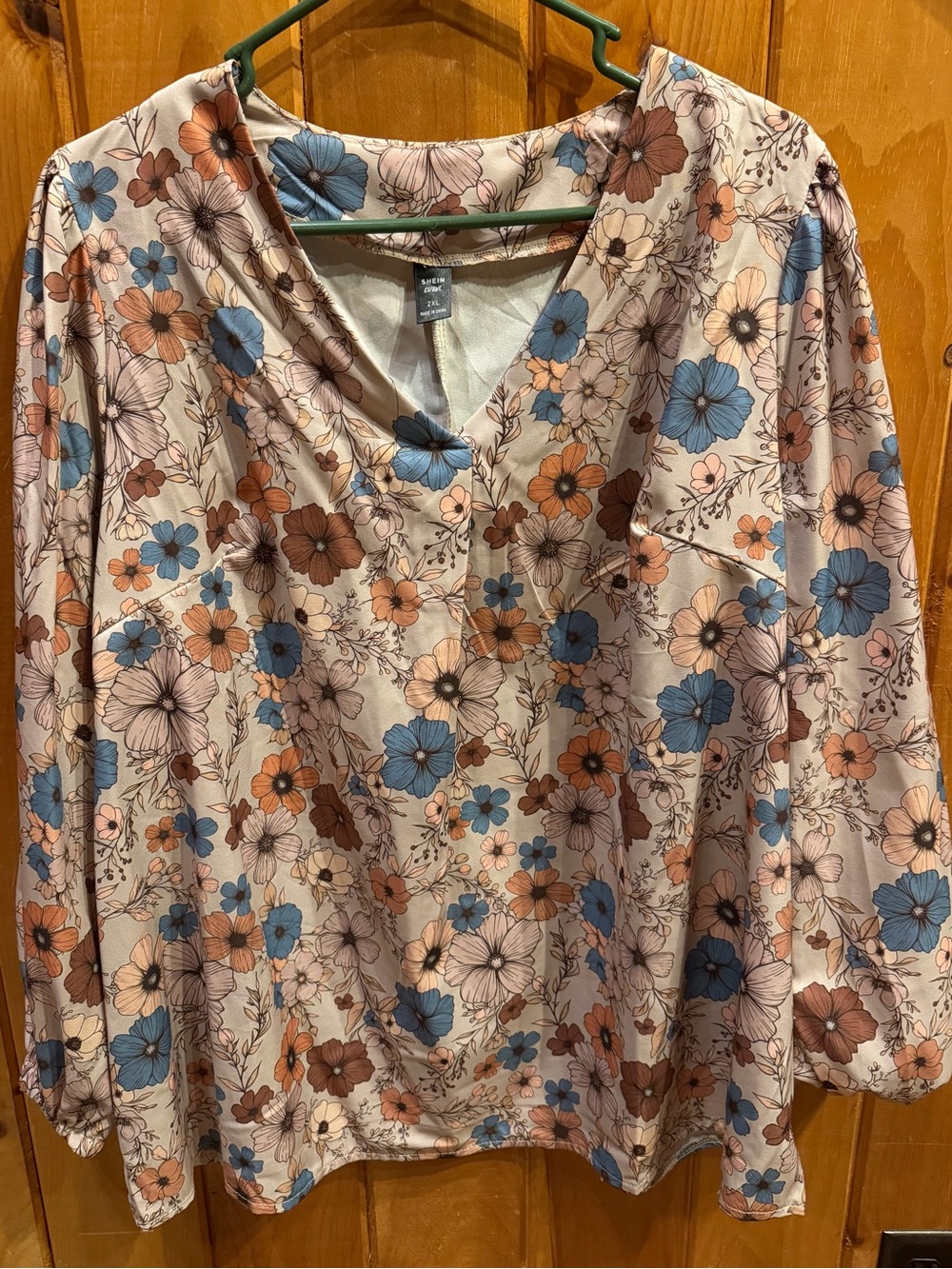 SHEIN Floral V-Neck Blouse - Blue & Brown & Tan